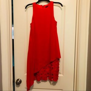 Alex Marie Red Dress with Asymmetrical Overlay and Lace Contrast